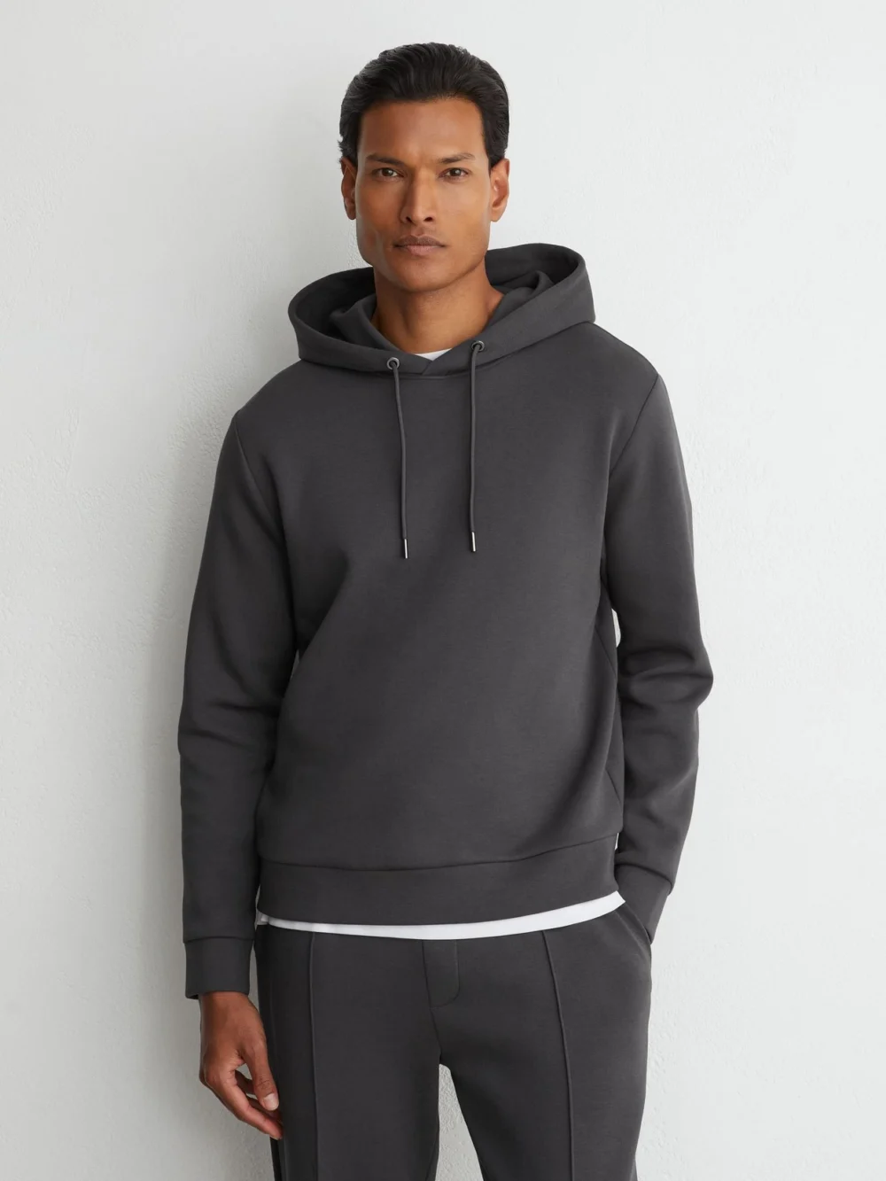 Reiss Charcoal Grey Sueded Interlock Jersey Hoodie