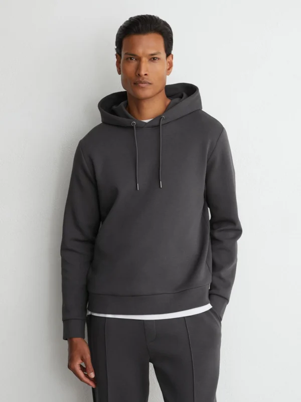 Reiss Charcoal Grey Sueded Interlock Jersey Hoodie
