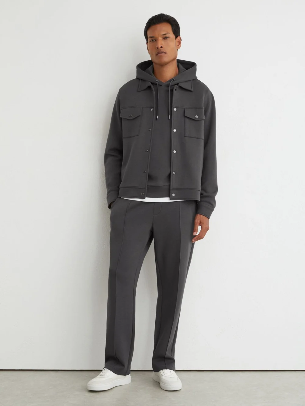 Reiss Charcoal Grey Sueded Interlock Jersey Hoodie, view 4