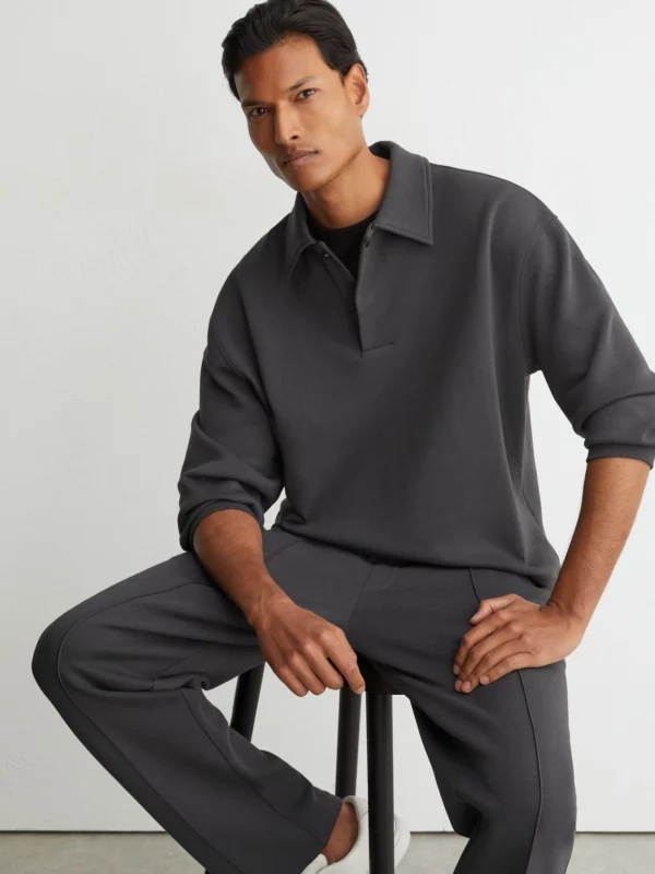 Reiss Charcoal Grey Sueded Interlock Jersey Relaxed Polo Sweatshirt