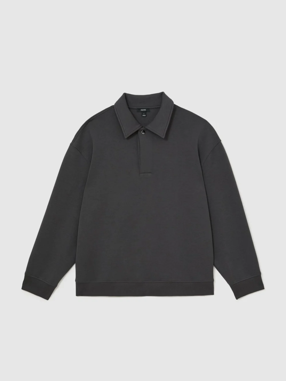 Reiss Charcoal Grey Sueded Interlock Jersey Relaxed Polo Sweatshirt, view 2