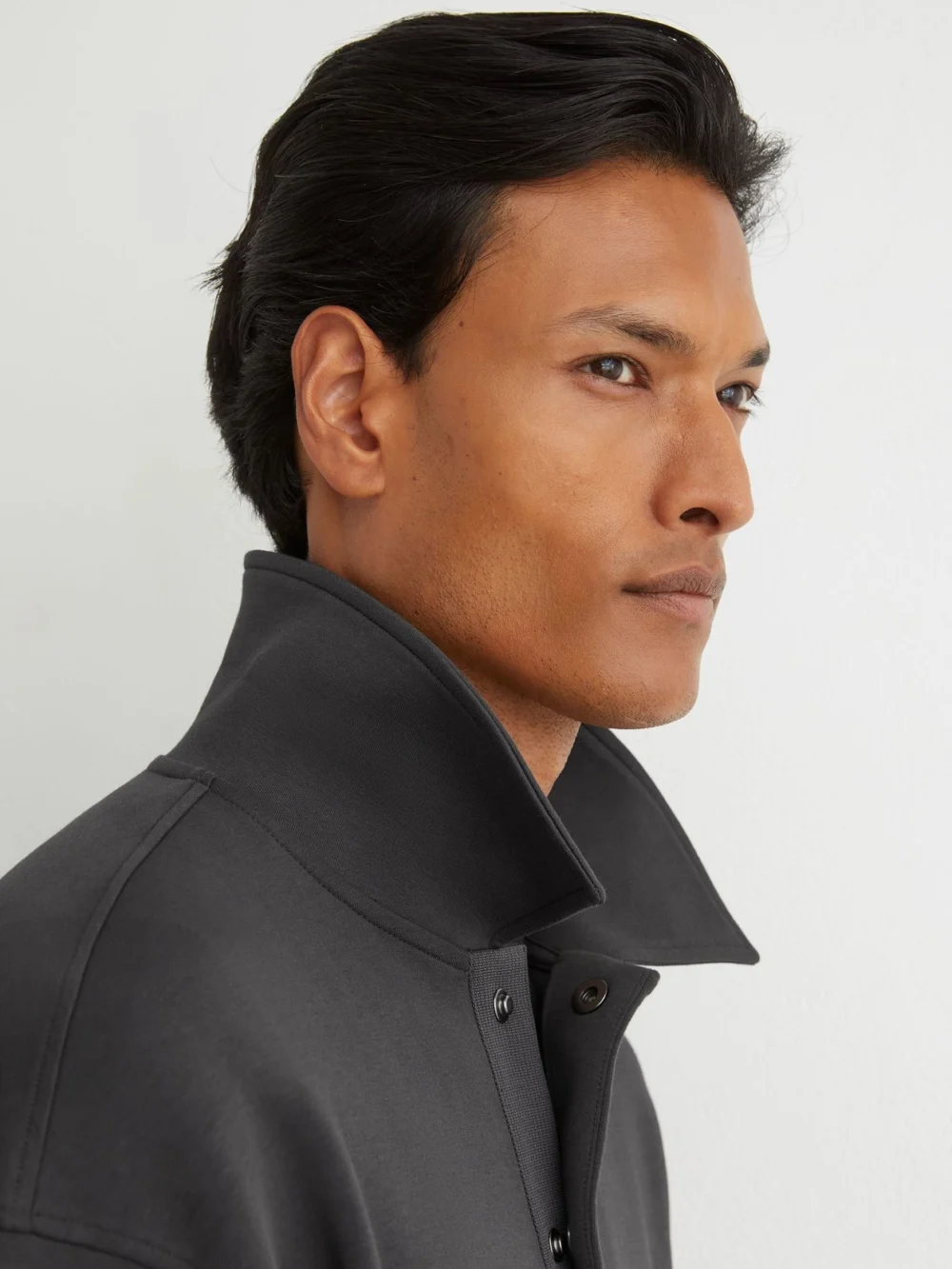 Reiss Charcoal Grey Sueded Interlock Jersey Relaxed Polo Sweatshirt, view 3