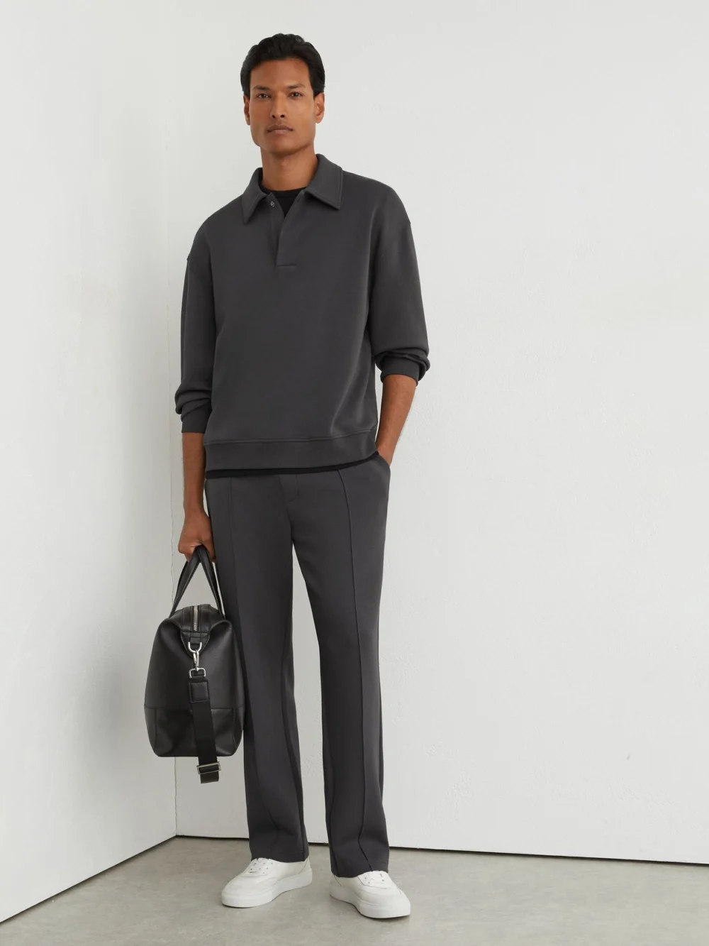 Reiss Charcoal Grey Sueded Interlock Jersey Relaxed Polo Sweatshirt, view 4