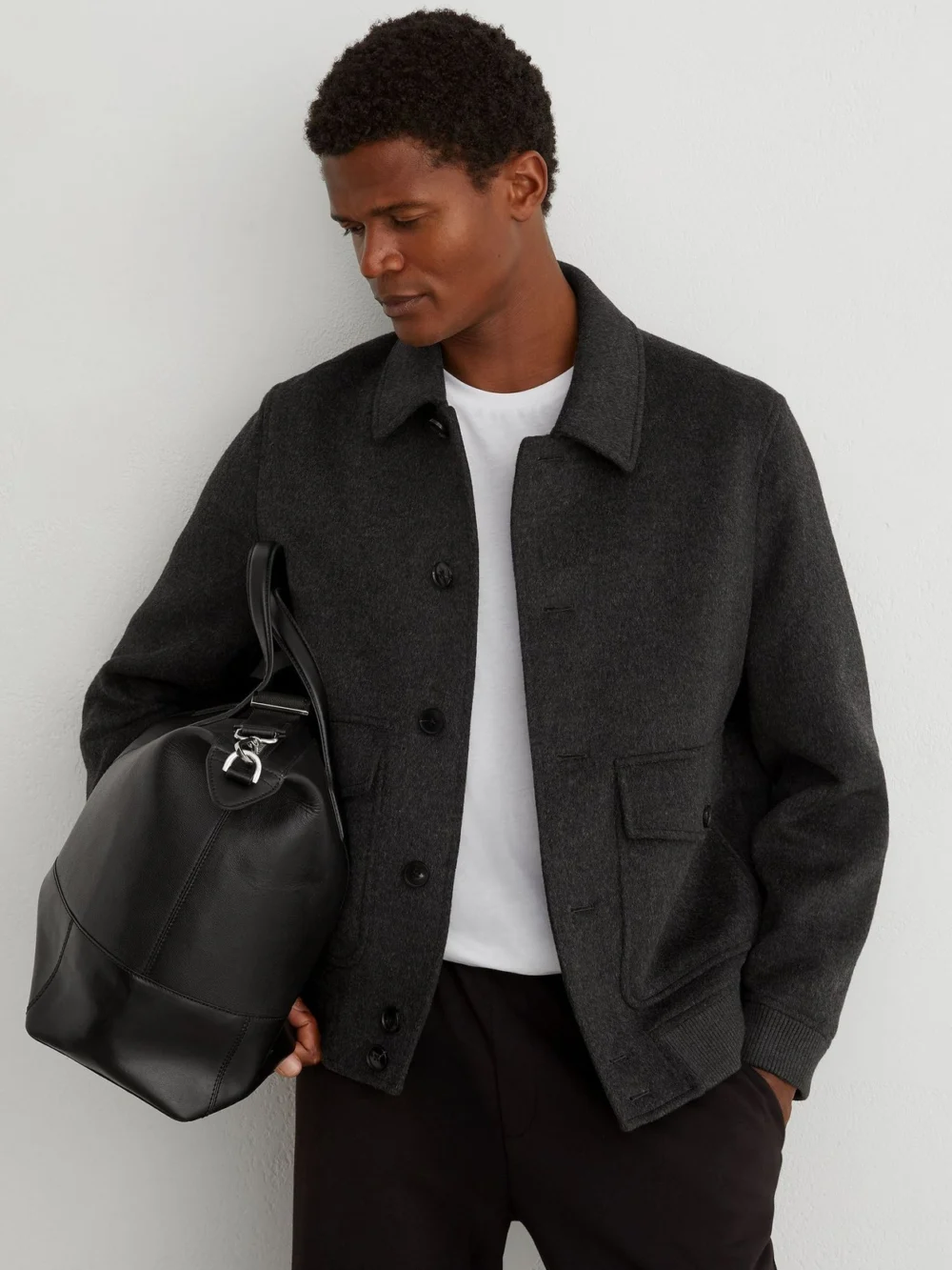Reiss Charcoal Grey Wool-blend Flap-pocket Bomber Jacket, view 3