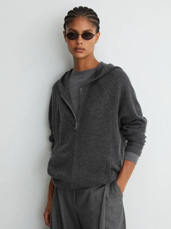 Reiss Charcoal Grey Wool-blend Zip-through Hoodie with Cashmere
