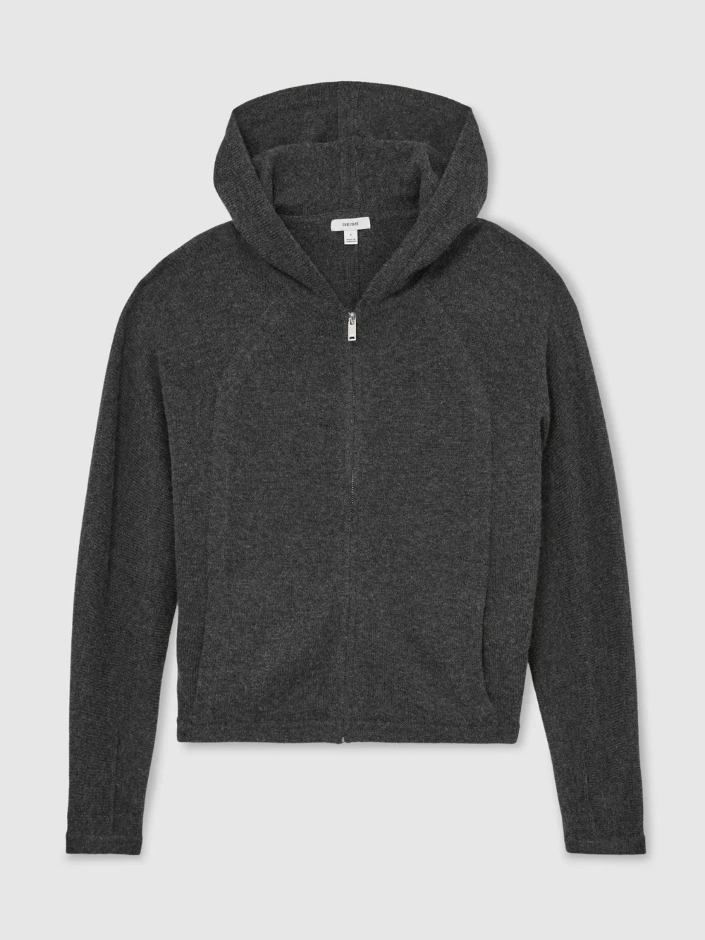 Reiss Charcoal Grey Wool-blend Zip-through Hoodie with Cashmere, view 2