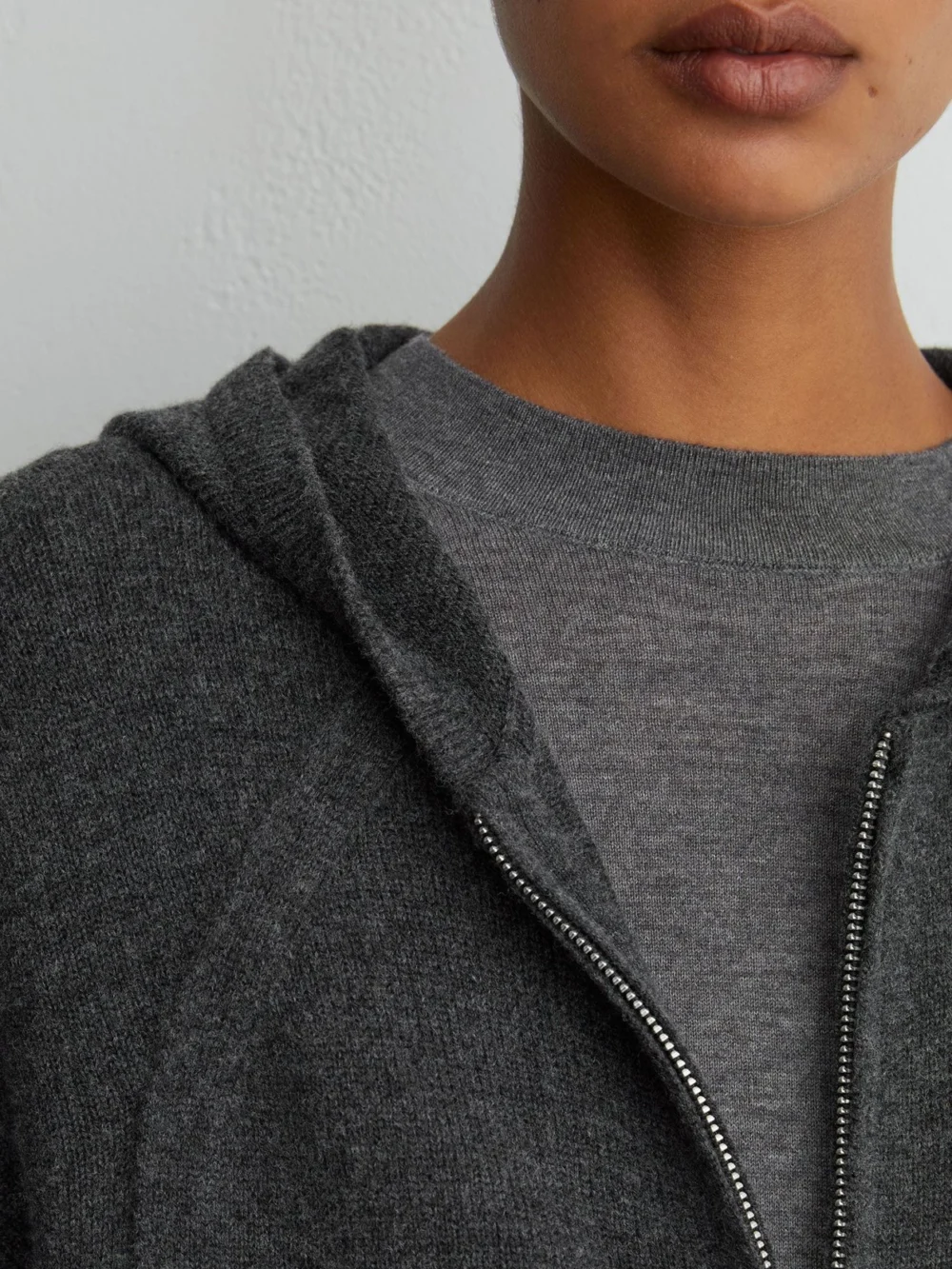 Reiss Charcoal Grey Wool-blend Zip-through Hoodie with Cashmere, view 3