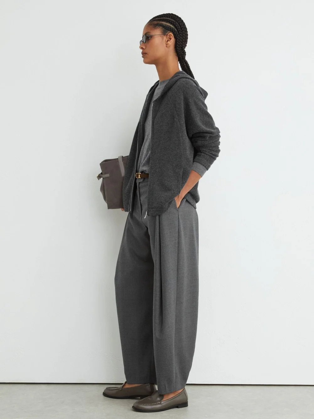 Reiss Charcoal Grey Wool-blend Zip-through Hoodie with Cashmere, view 4