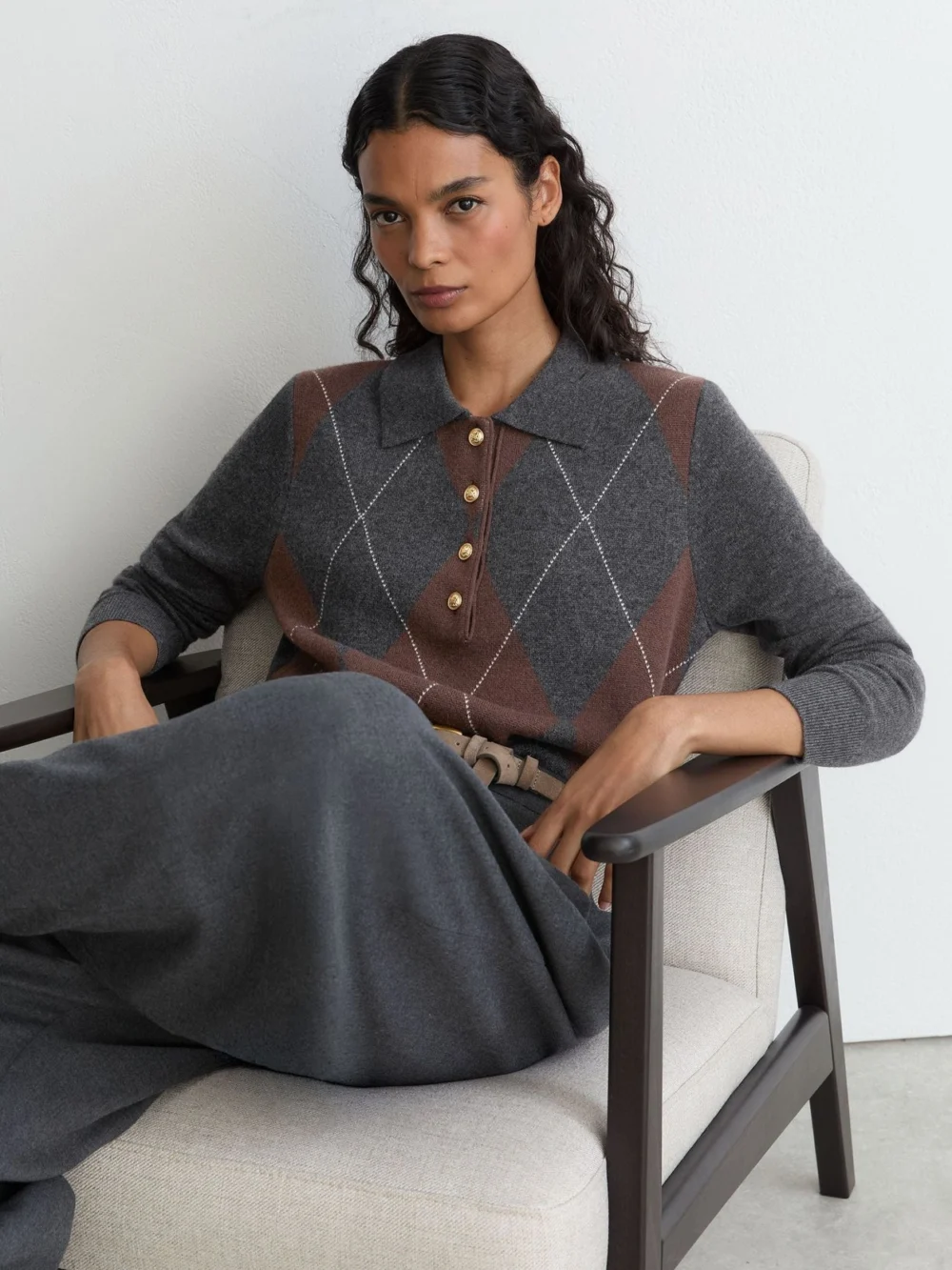 Reiss Charcoal Grey Wool-cashmere Argyle-knit Polo Jumper