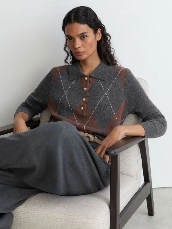 Reiss Charcoal Grey Wool-cashmere Argyle-knit Polo Jumper