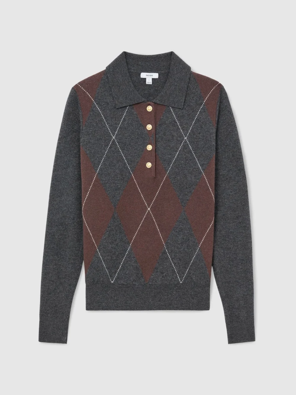 Reiss Charcoal Grey Wool-cashmere Argyle-knit Polo Jumper, view 2