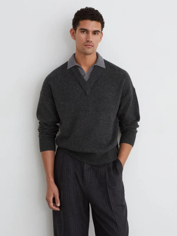 Reiss Charcoal Grey Wool V-neck Contrast-collar Jumper