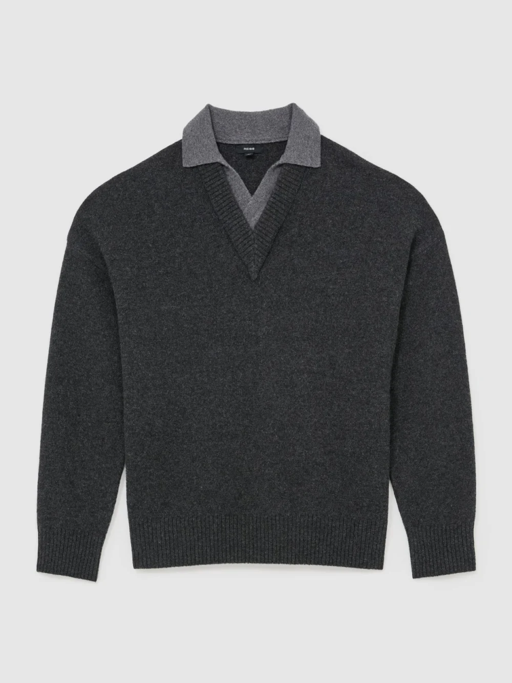 Reiss Charcoal Grey Wool V-neck Contrast-collar Jumper, view 2