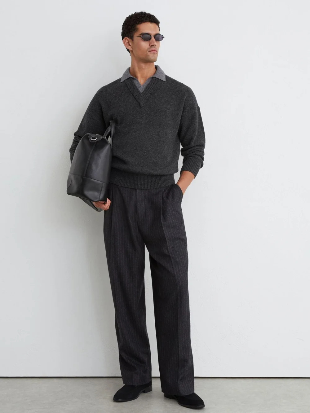 Reiss Charcoal Grey Wool V-neck Contrast-collar Jumper, view 3