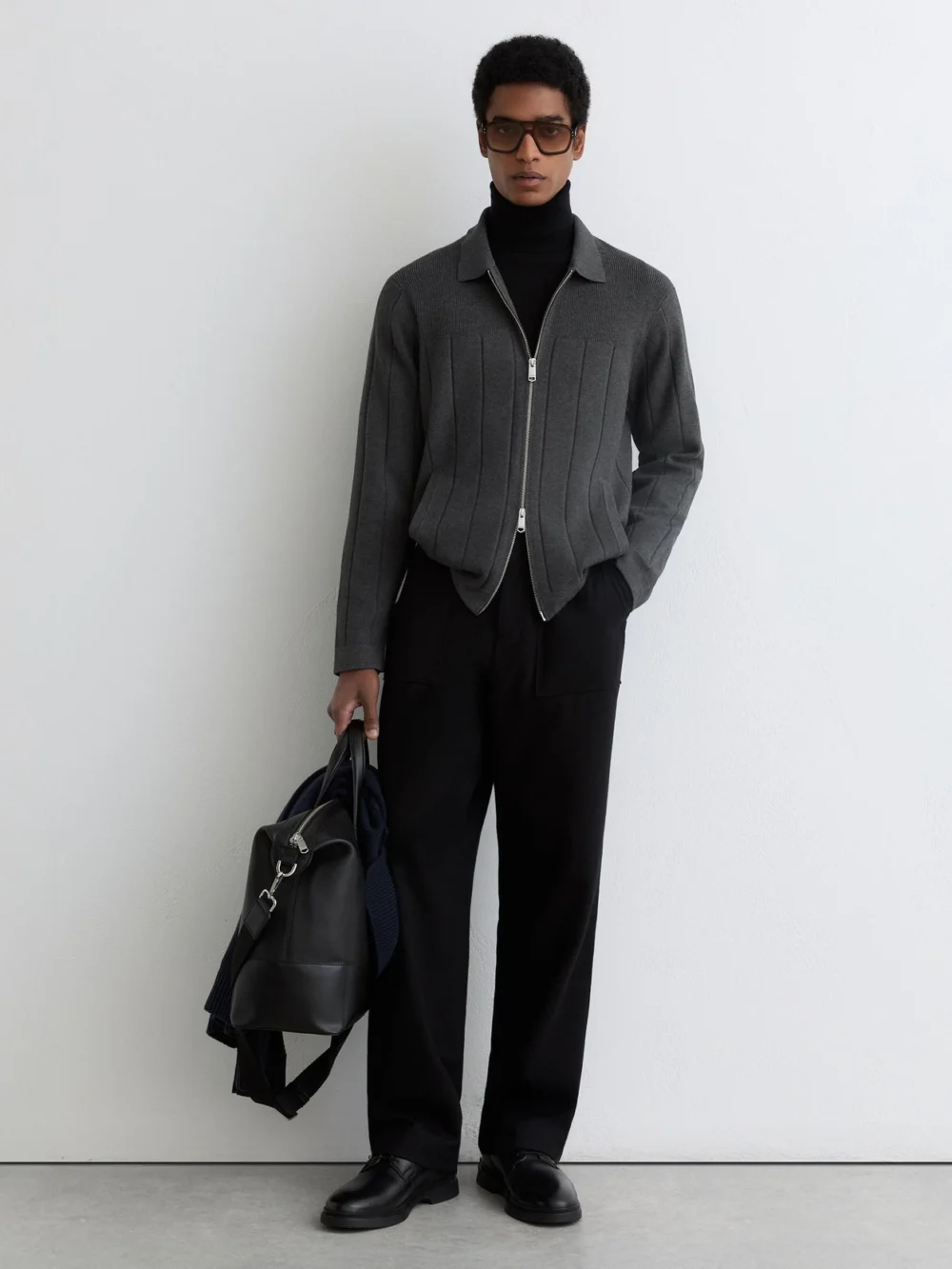 Reiss Charcoal Melange Wide-rib Zip-through Cardigan
