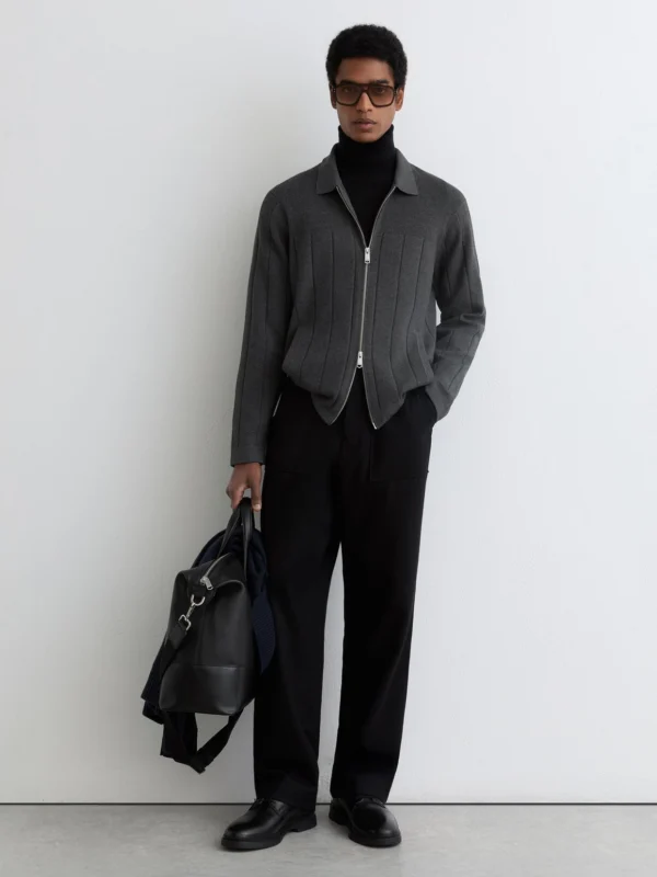 Reiss Charcoal Melange Wide-rib Zip-through Cardigan
