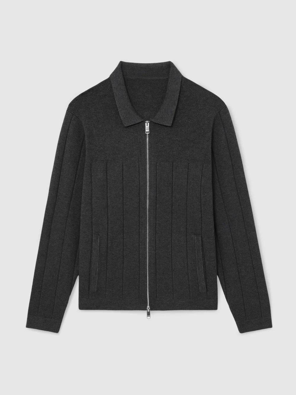 Reiss Charcoal Melange Wide-rib Zip-through Cardigan, view 2