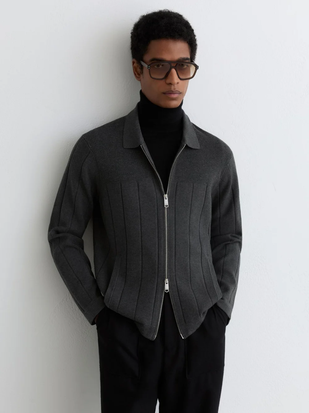 Reiss Charcoal Melange Wide-rib Zip-through Cardigan, view 3