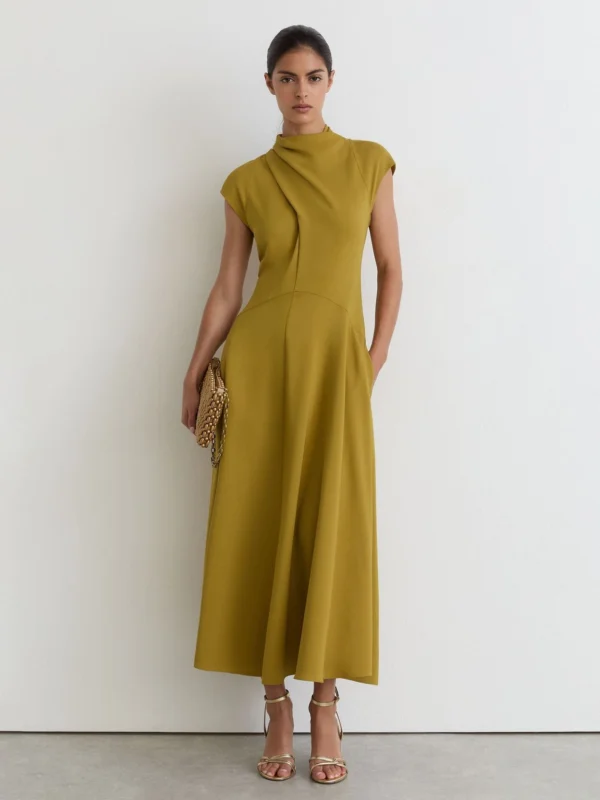 Reiss Chartreuse Green High-neck Pleat-detail Midi Dress