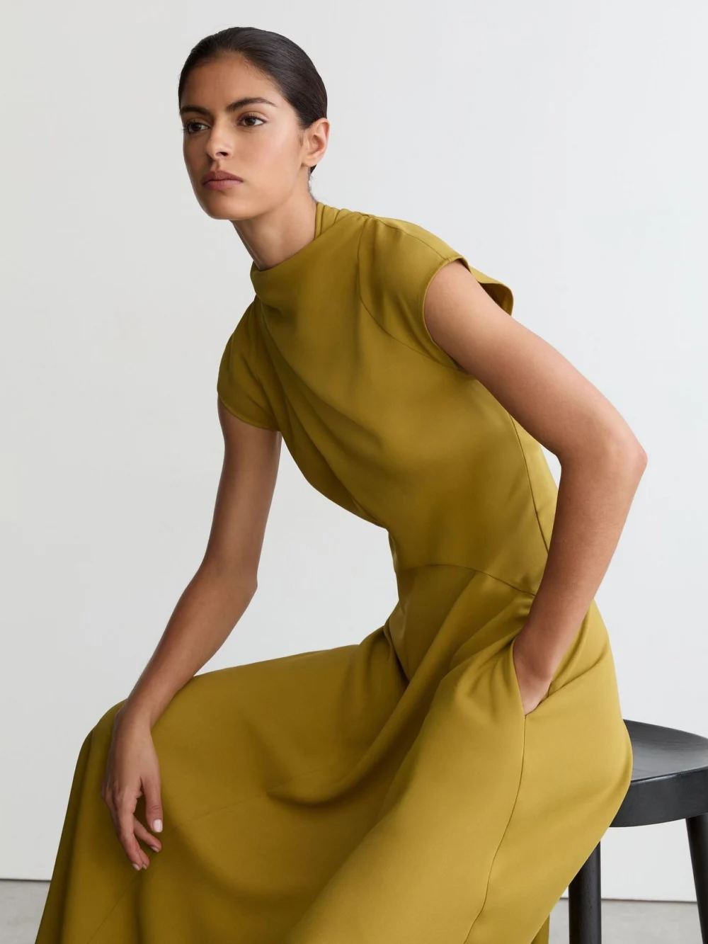 Reiss Chartreuse Green High-neck Pleat-detail Midi Dress, view 3