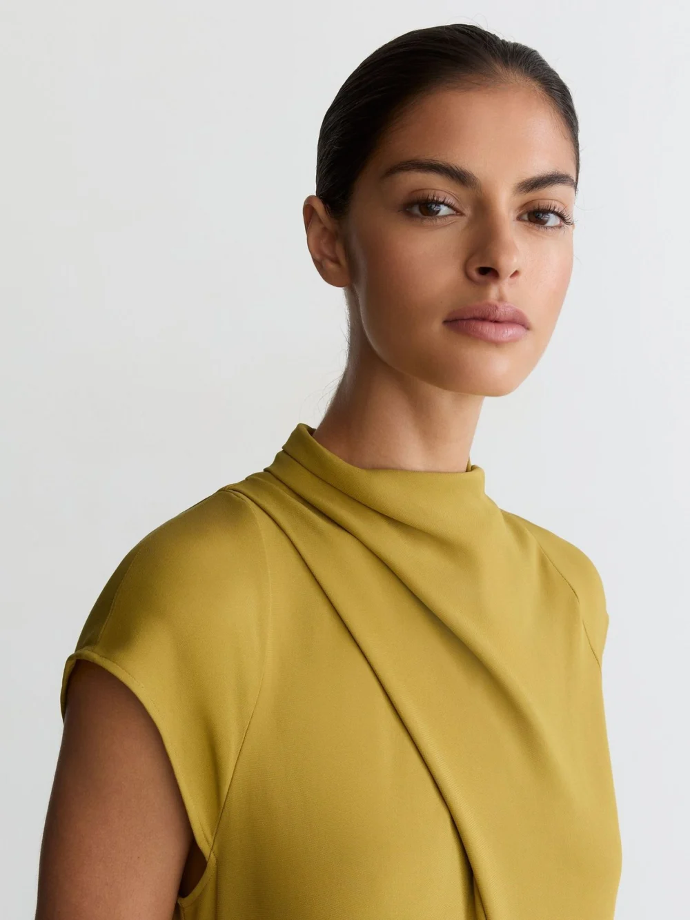 Reiss Chartreuse Green High-neck Pleat-detail Midi Dress, view 4