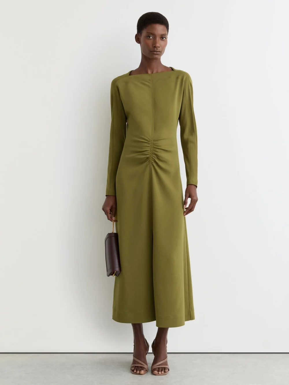 Reiss Chartreuse Green Ruched Long-sleeve Midi Dress
