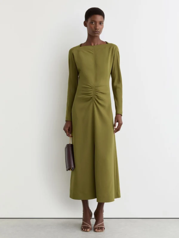 Reiss Chartreuse Green Ruched Long-sleeve Midi Dress