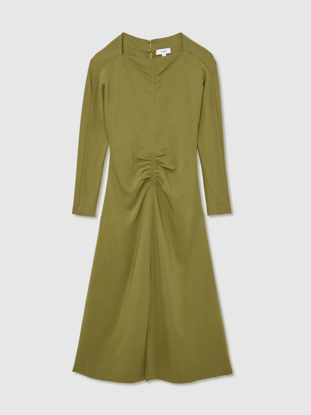 Reiss Chartreuse Green Ruched Long-sleeve Midi Dress, view 2
