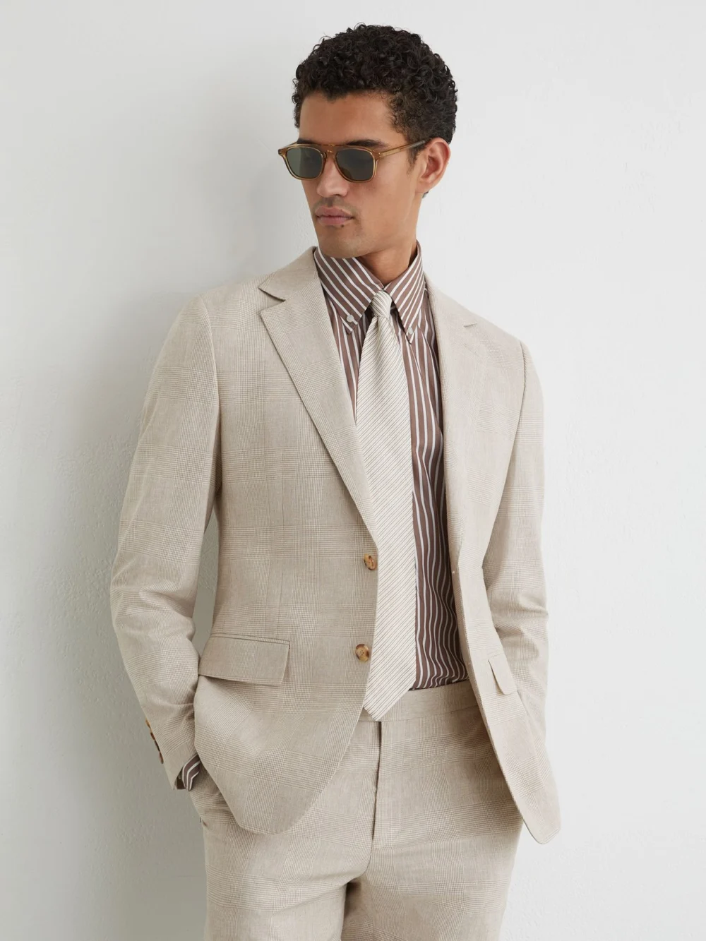 Reiss Cheltenham Oatmeal Brown Linen-cotton Single-breasted Check Blazer Tailored-fit, 44 in light brown