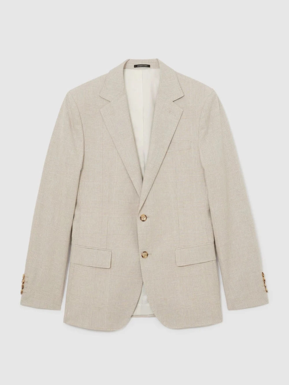 Reiss Cheltenham Oatmeal Brown Linen-cotton Single-breasted Check Blazer Tailored-fit, 44, view 2