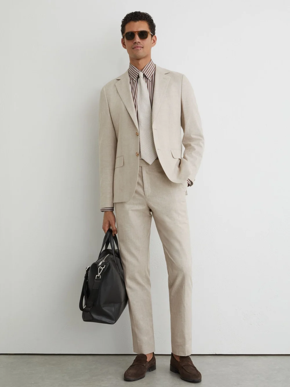 Reiss Cheltenham Oatmeal Brown Linen-cotton Single-breasted Check Blazer Tailored-fit, 44, view 3