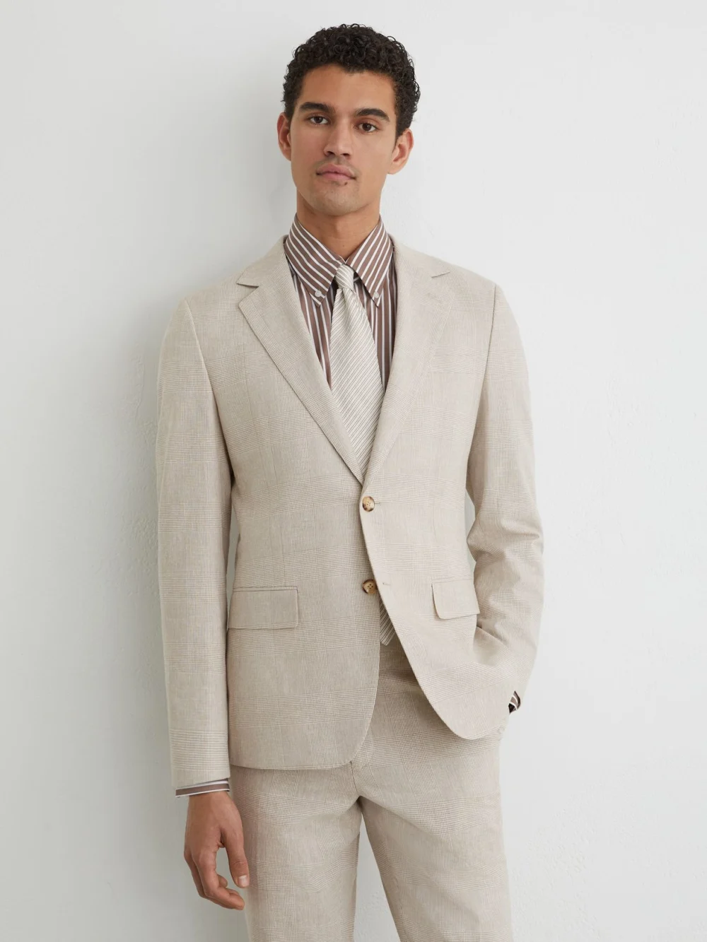 Reiss Cheltenham Oatmeal Brown Linen-cotton Single-breasted Check Blazer Tailored-fit, 44, view 4