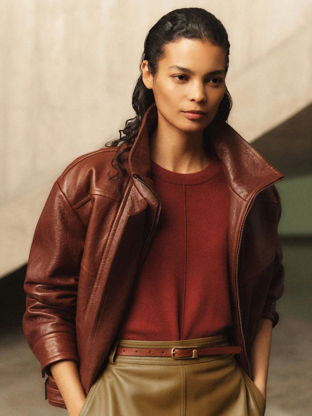 Reiss Chestnut Brown Textured Leather Oversized Jacket