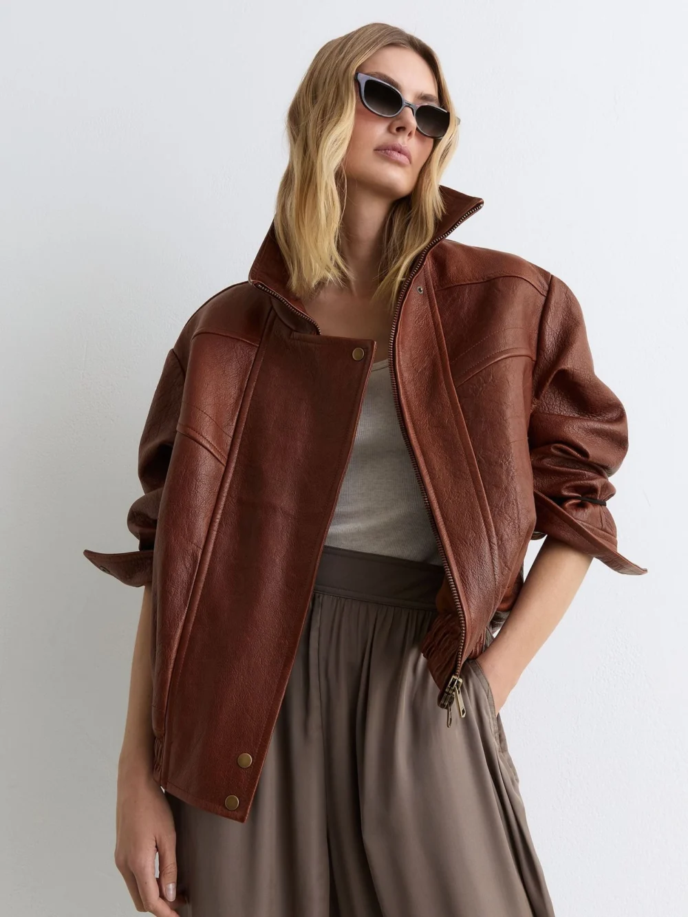 Reiss Chestnut Brown Textured Leather Oversized Jacket, view 3