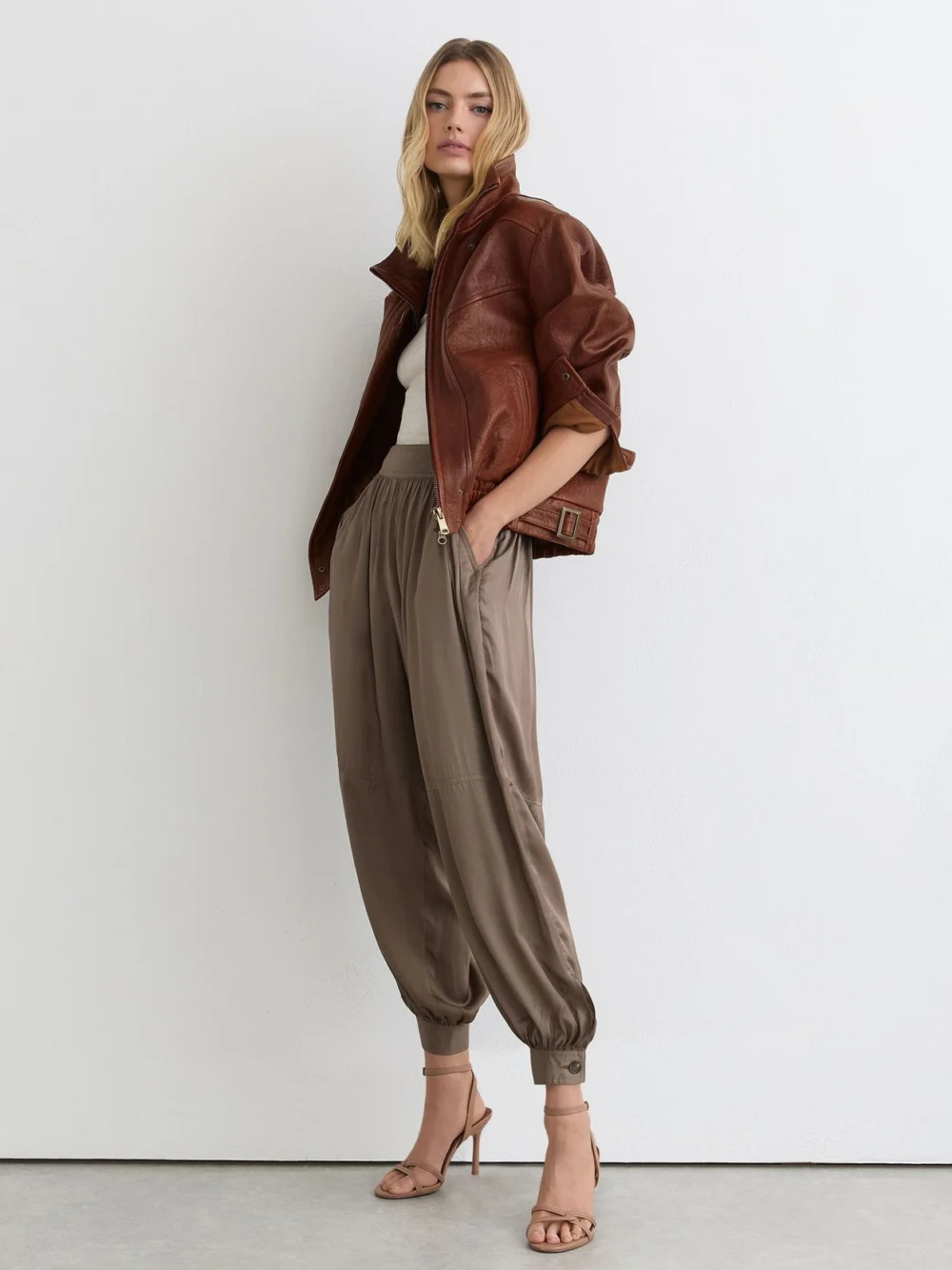 Reiss Chestnut Brown Textured Leather Oversized Jacket, view 4