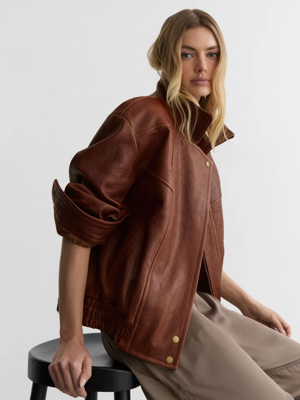 Reiss Chestnut Brown Textured Leather Oversized Jacket, view 5