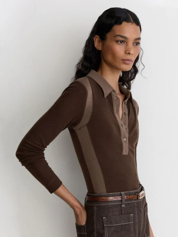 Reiss Chocolate & mocha Lyocell-wool Colour-block Polo Top