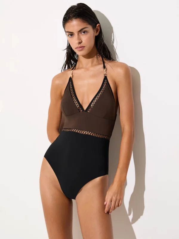 Reiss Chocolate Brown & Black Colour-block Lattice-trim Swimsuit
