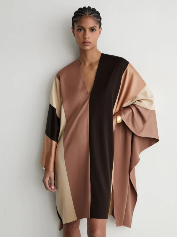 Reiss Chocolate Brown & Cream Colour-block Tunic Dress