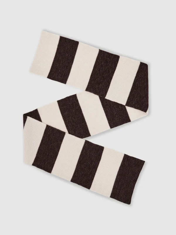 Reiss Chocolate Brown & Off White Waffle-knit Block-stripe Scarf with Wool,