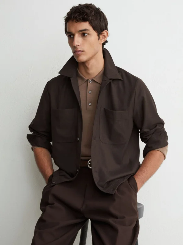 Reiss Chocolate Brown Brushed Twin-pocket Overshirt with Wool