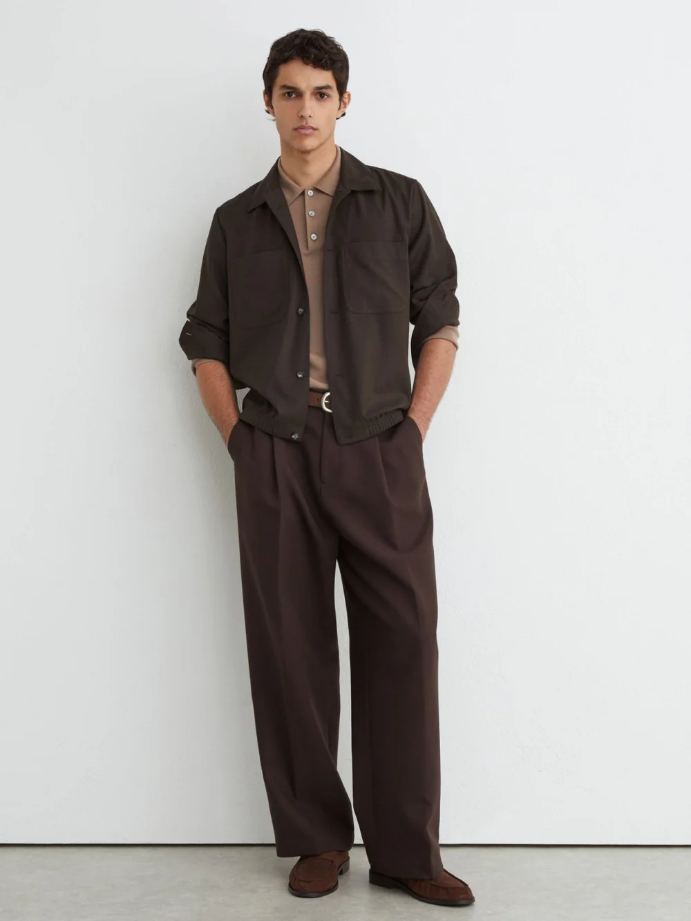 Reiss Chocolate Brown Brushed Twin-pocket Overshirt with Wool, view 3