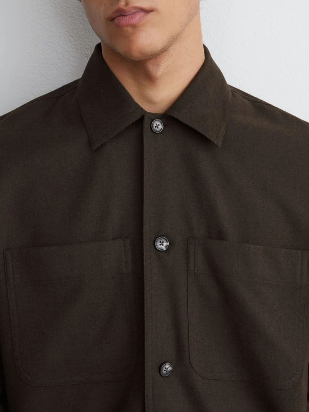 Reiss Chocolate Brown Brushed Twin-pocket Overshirt with Wool, view 4