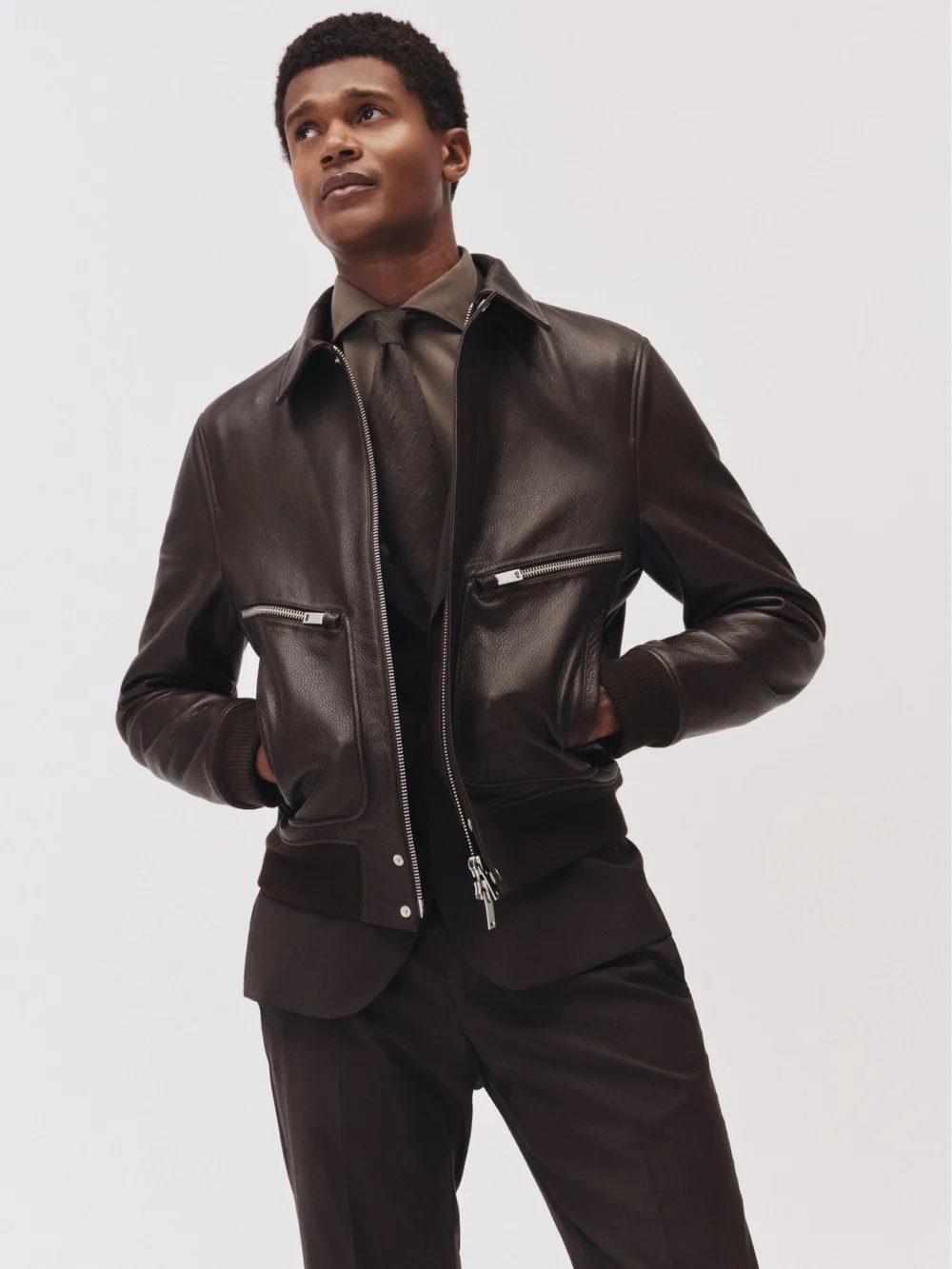 Reiss Chocolate Brown Burnished-leather Zip-through Jacket, view 3