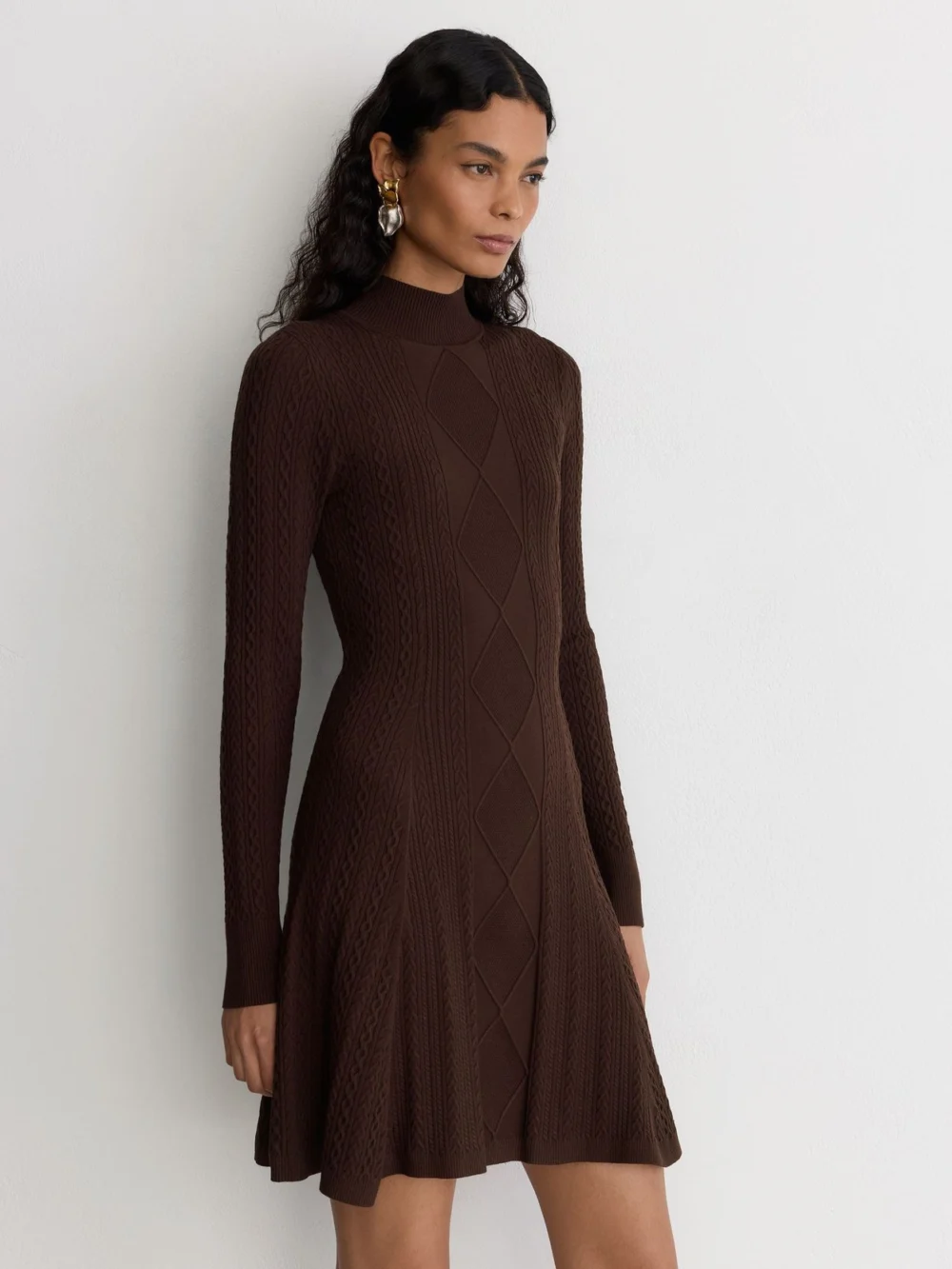 Reiss Chocolate Brown Cable-knit Flippy Mini Dress