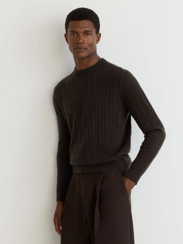 Reiss Chocolate Brown Cashmere Cable-knit Crew-neck Jumper, view 3