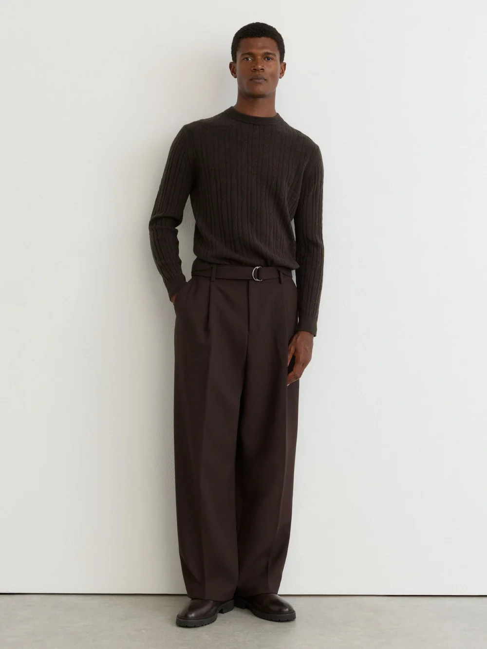 Reiss Chocolate Brown Cashmere Cable-knit Crew-neck Jumper, view 4