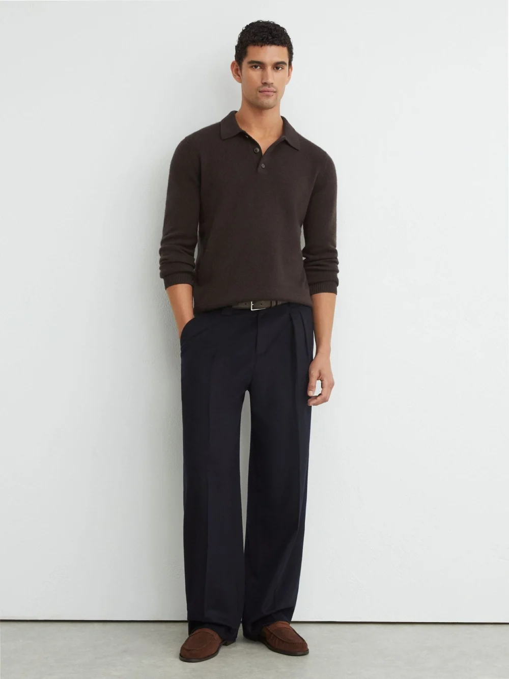 Reiss Chocolate Brown Cashmere Half-button Polo Shirt