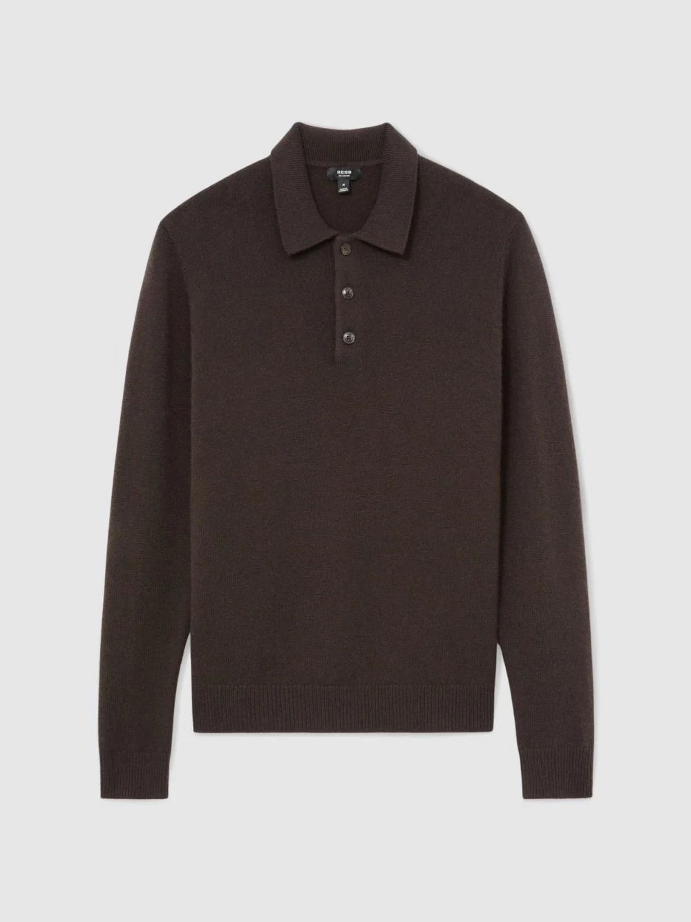 Reiss Chocolate Brown Cashmere Half-button Polo Shirt, view 2