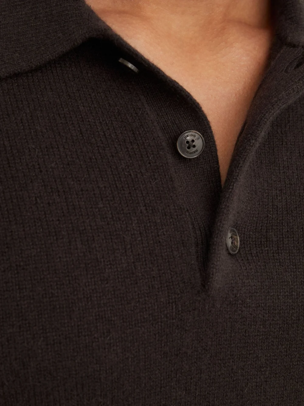 Reiss Chocolate Brown Cashmere Half-button Polo Shirt, view 3